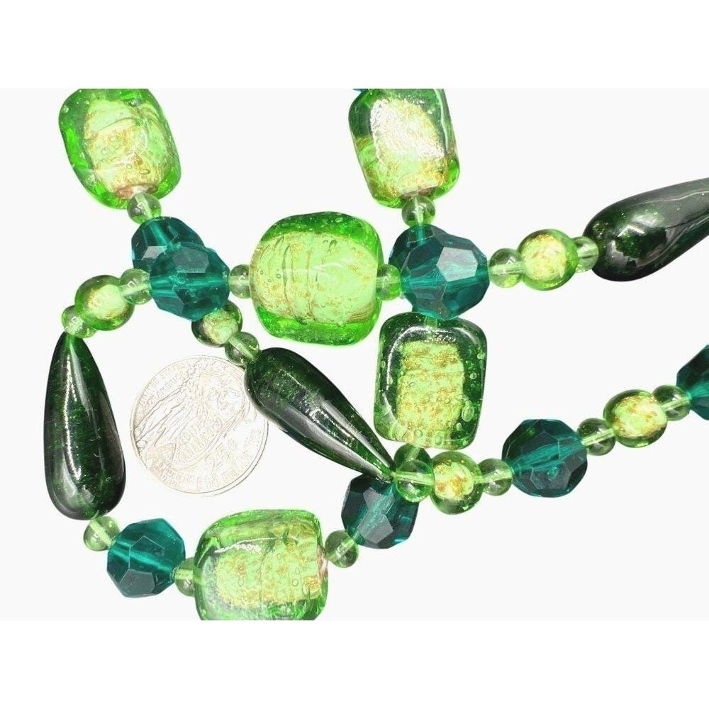 Glass Necklace‎ Green Teal Beads Multi Shaped Hook Clasp Artisan Made 24 + 3"